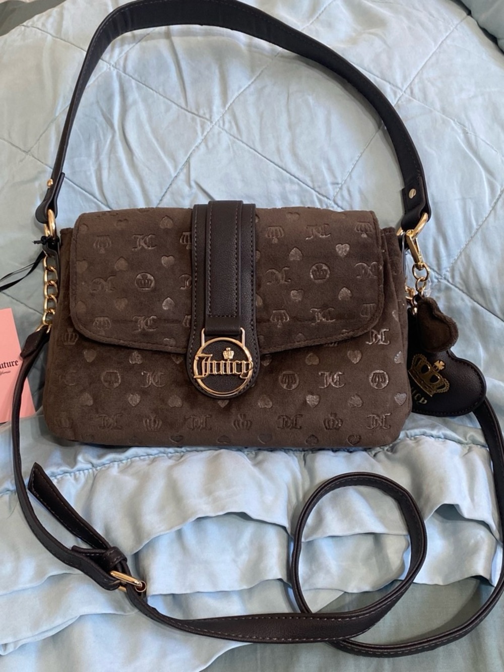 Juicy Couture Chocolate Brown Suede Crossbody Bag with Gold Logo